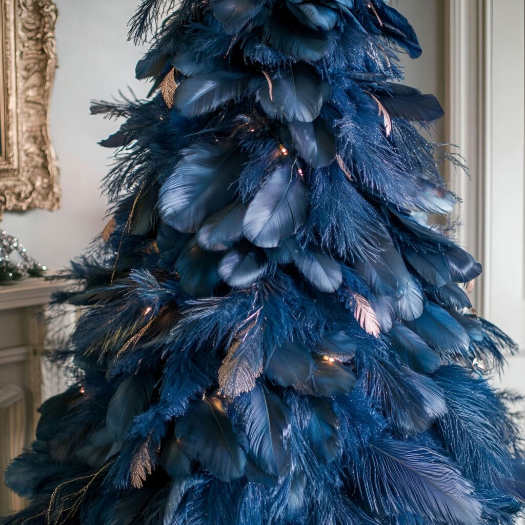 07. Vintage Blue Feather Victorian Christmas Tree with Lace Accents