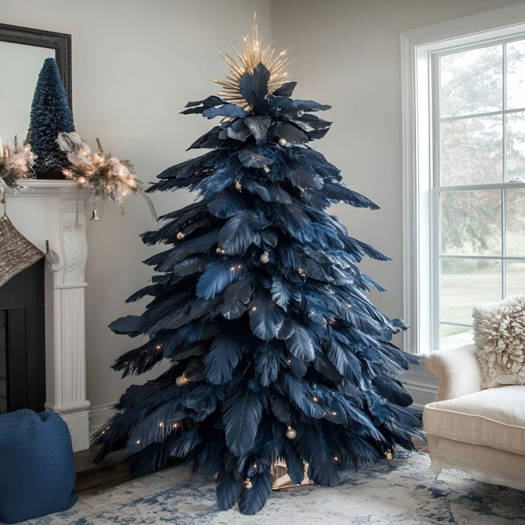 07. Vintage Blue Feather Victorian Christmas Tree with Lace Accents