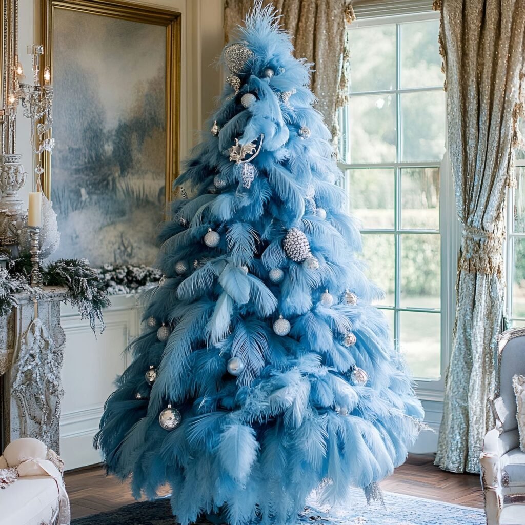 07. Vintage Blue Feather Victorian Christmas Tree with Lace Accents