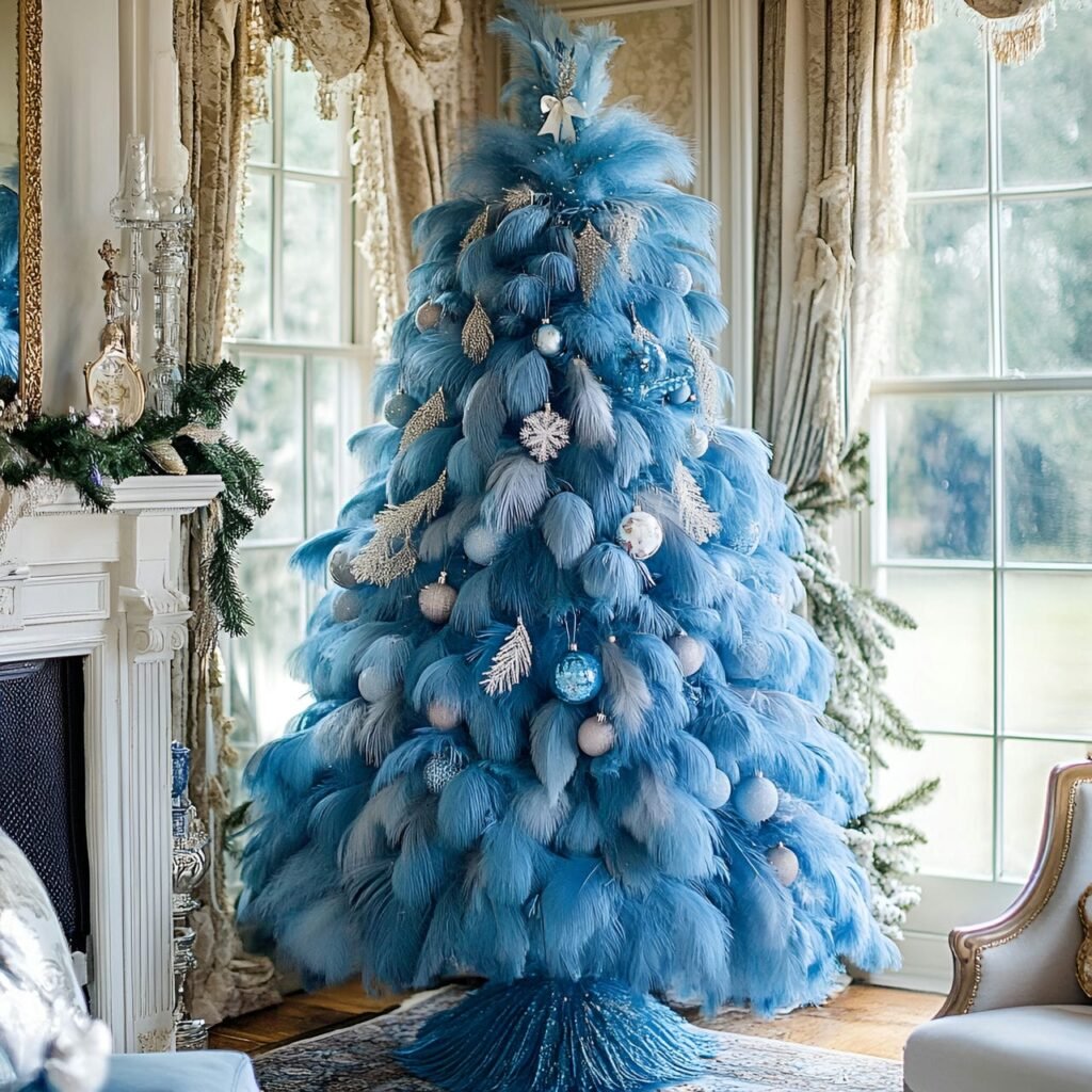 07. Vintage Blue Feather Victorian Christmas Tree with Lace Accents