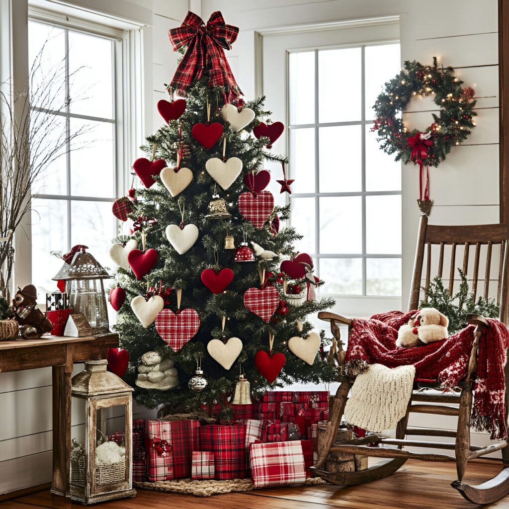 09. Vintage Hearts and Bells Tree with Fabric Hearts and Metal Bells