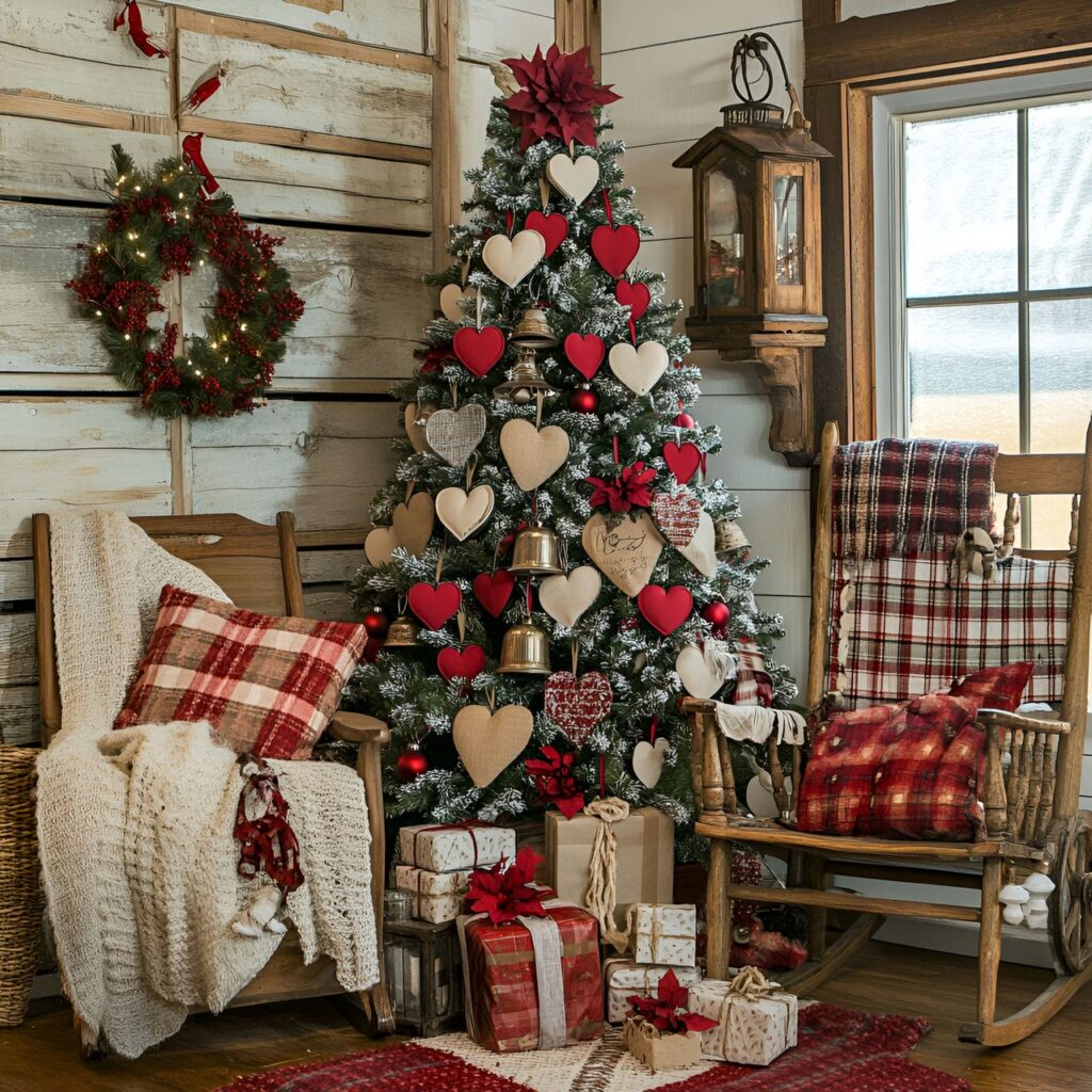 09. Vintage Hearts and Bells Tree with Fabric Hearts and Metal Bells