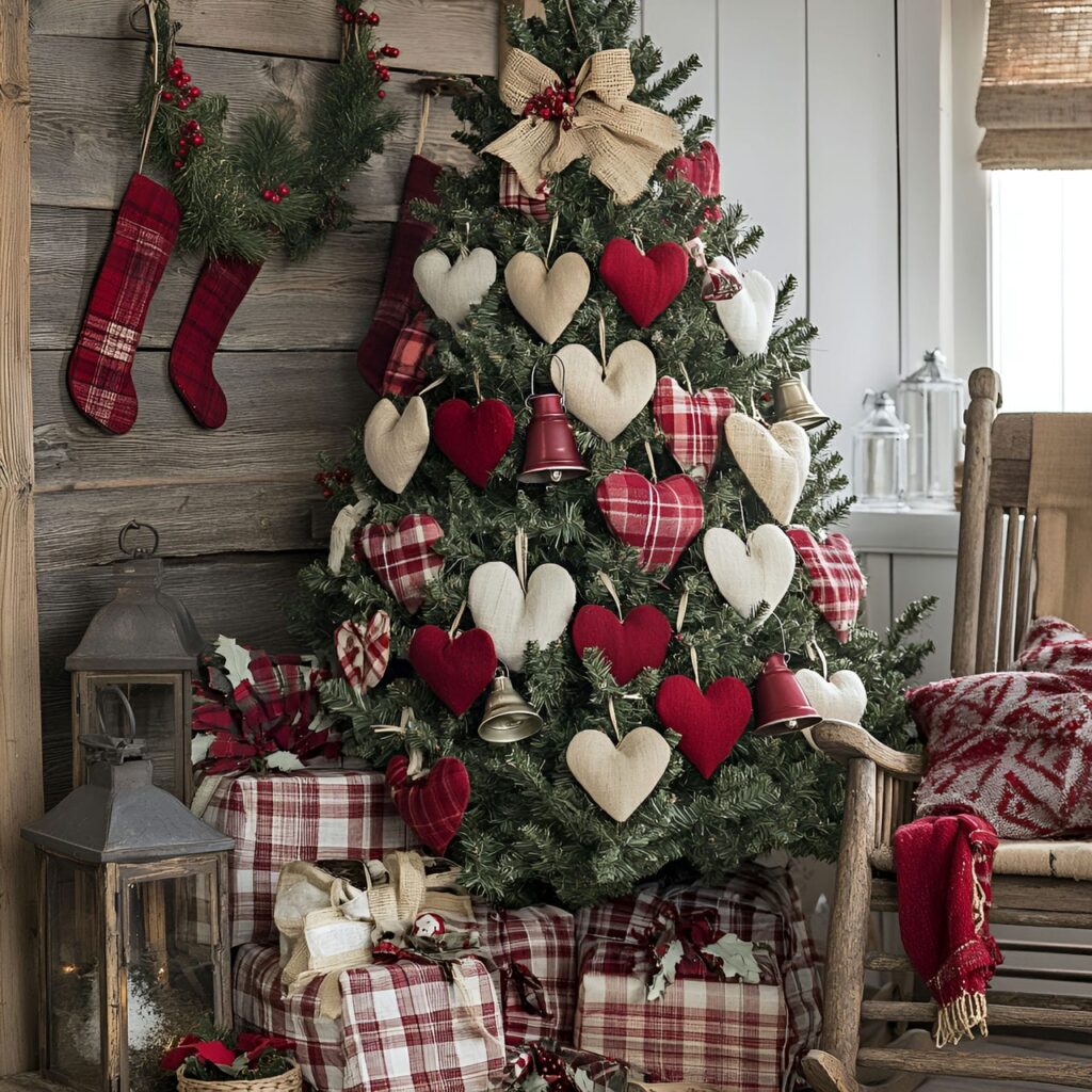 09. Vintage Hearts and Bells Tree with Fabric Hearts and Metal Bells
