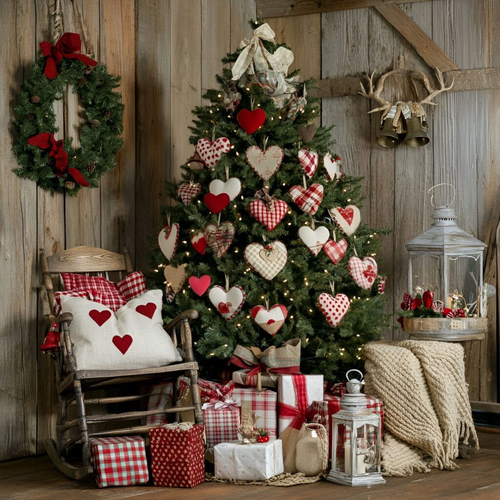 09. Vintage Hearts and Bells Tree with Fabric Hearts and Metal Bells