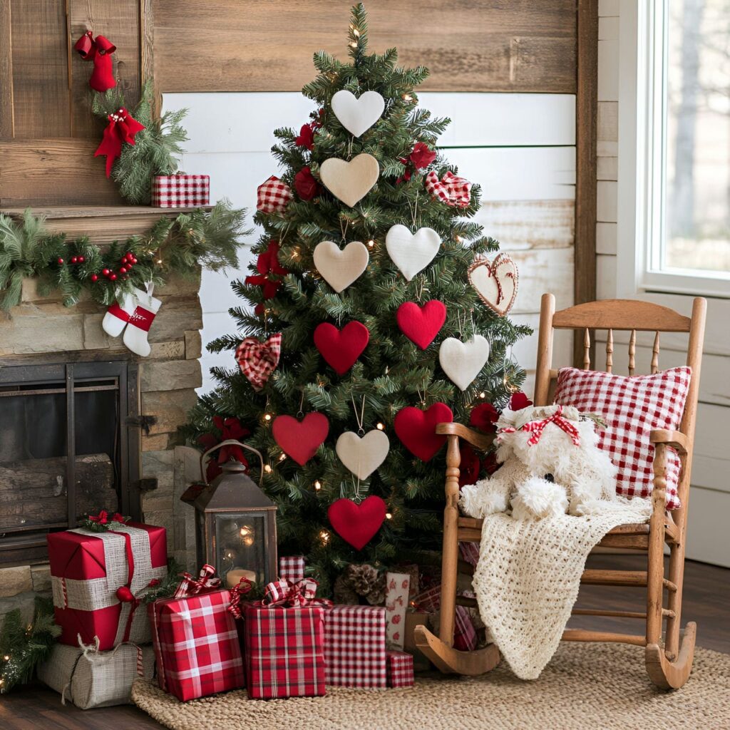 09. Vintage Hearts and Bells Tree with Fabric Hearts and Metal Bells