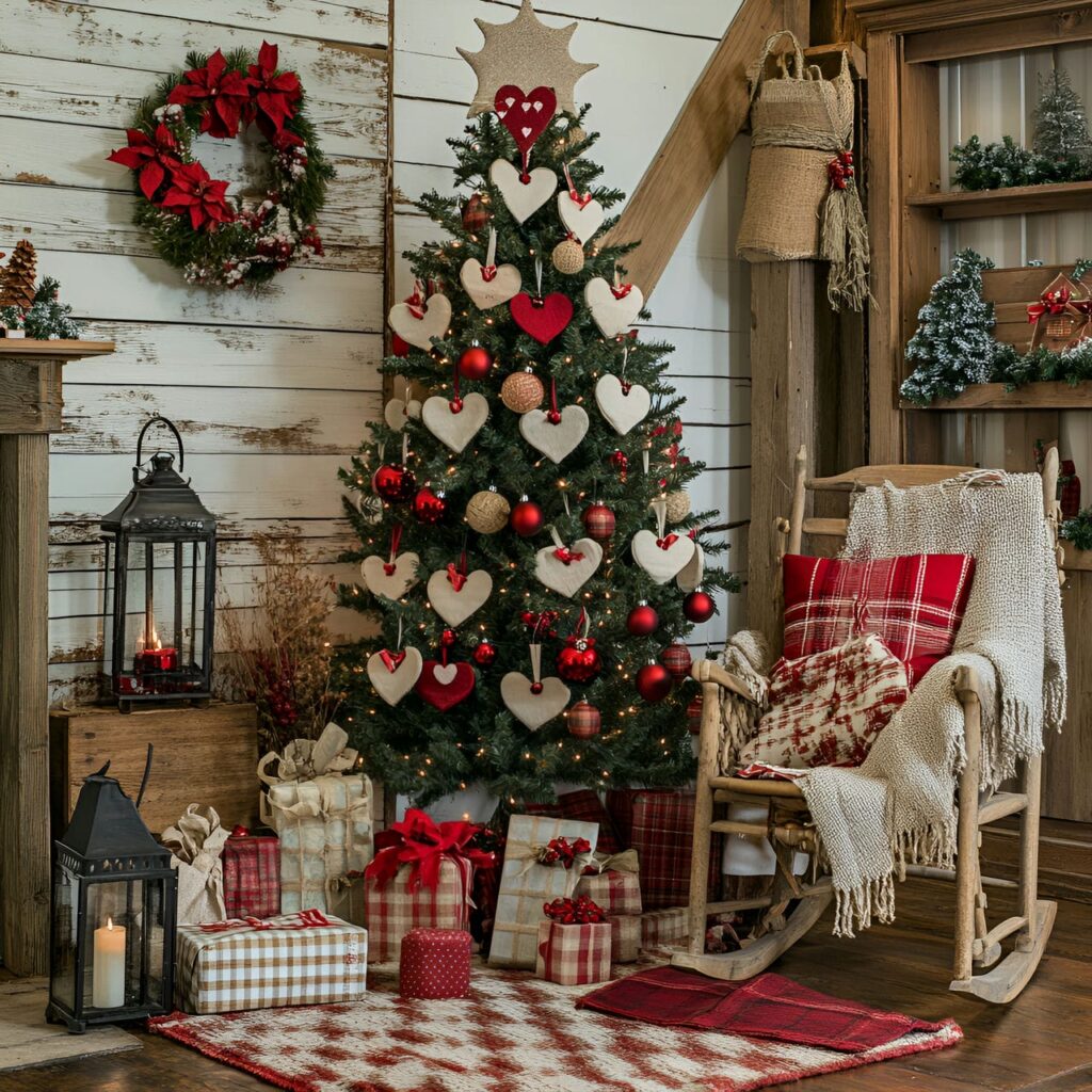 09. Vintage Hearts and Bells Tree with Fabric Hearts and Metal Bells