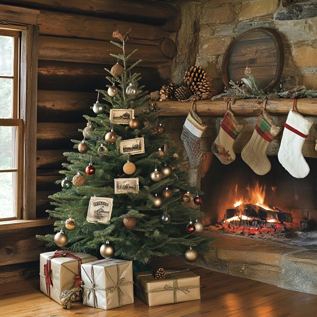 15. Vintage Postcard Christmas Tree with Pinecones and Baubles