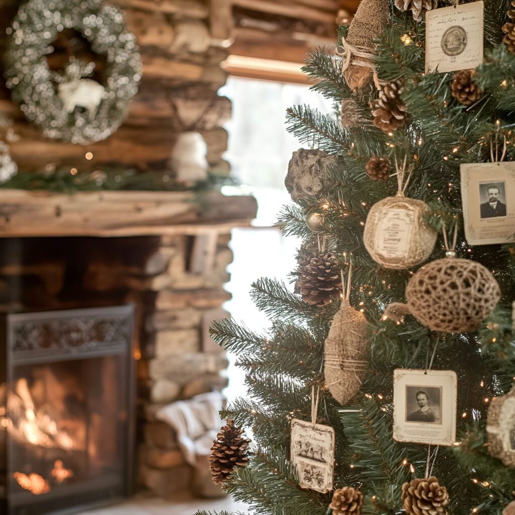 15. Vintage Postcard Christmas Tree with Pinecones and Baubles