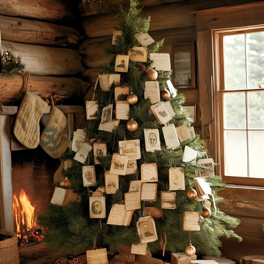 15. Vintage Postcard Christmas Tree with Pinecones and Baubles