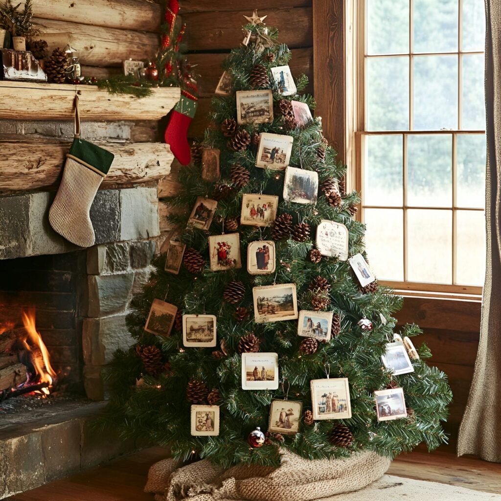 15. Vintage Postcard Christmas Tree with Pinecones and Baubles