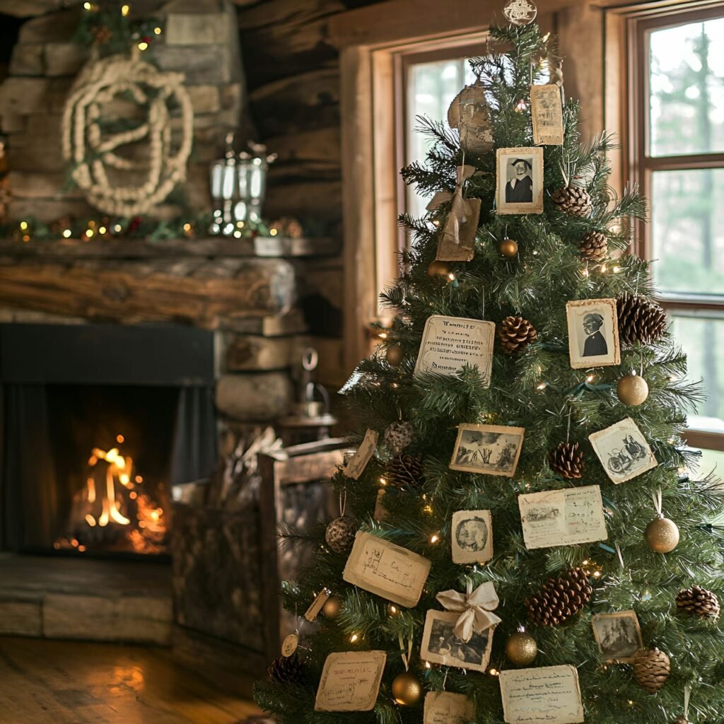 15. Vintage Postcard Christmas Tree with Pinecones and Baubles