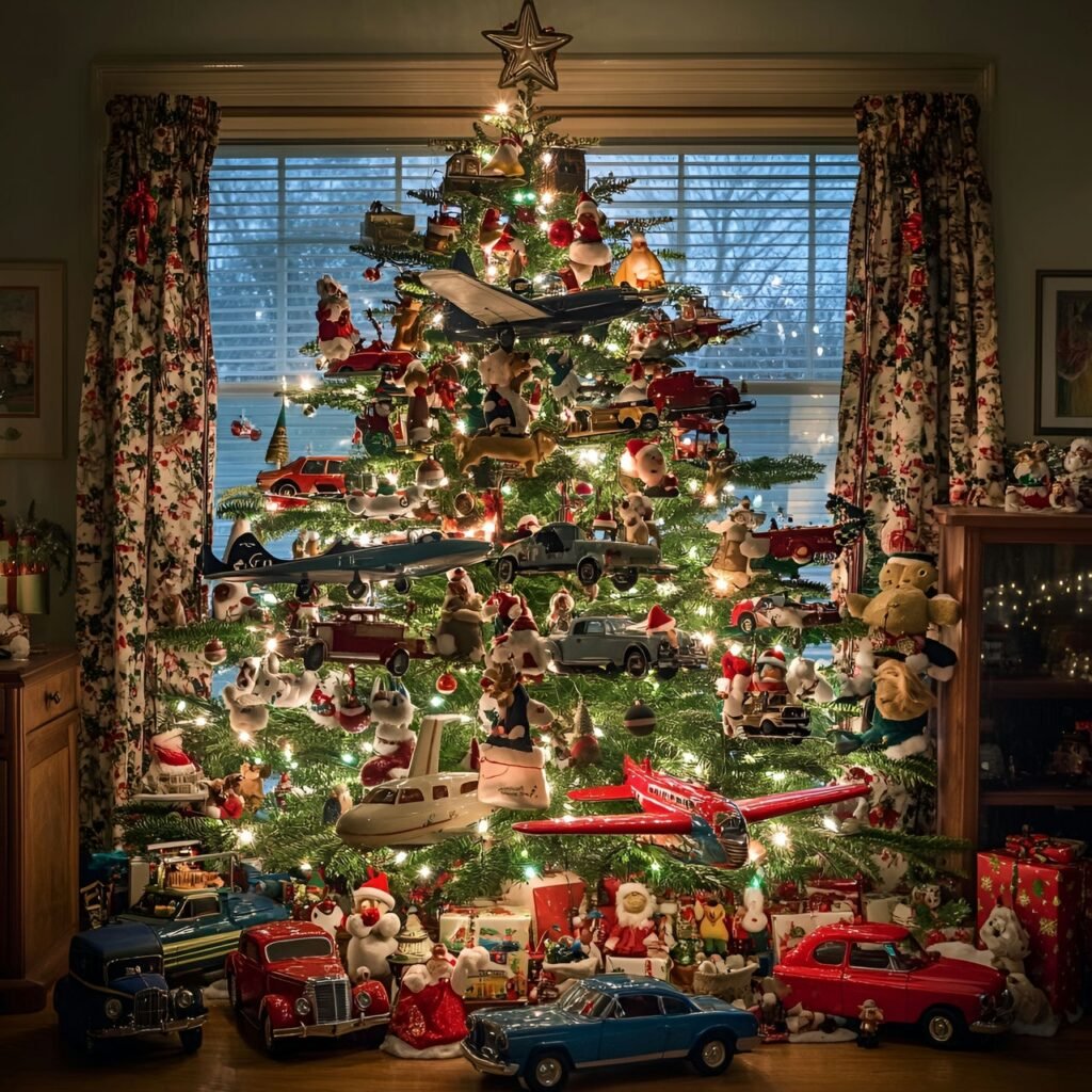 12. Vintage Toy Christmas Tree: Nostalgic and Whimsical Holiday Décor