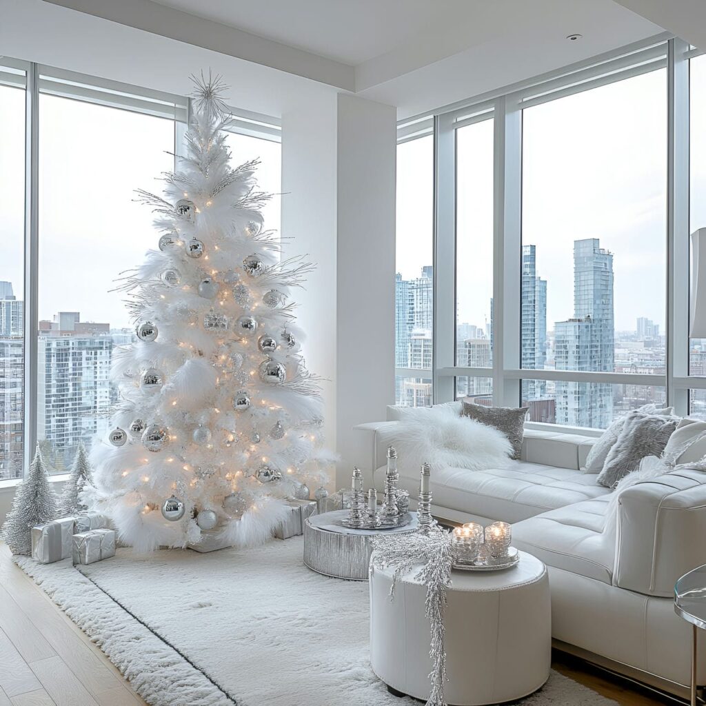 13. White Feathers & Silver Elegance Tree with Pearl Garlands