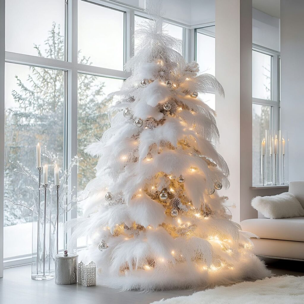 13. White Feathers & Silver Elegance Tree with Pearl Garlands