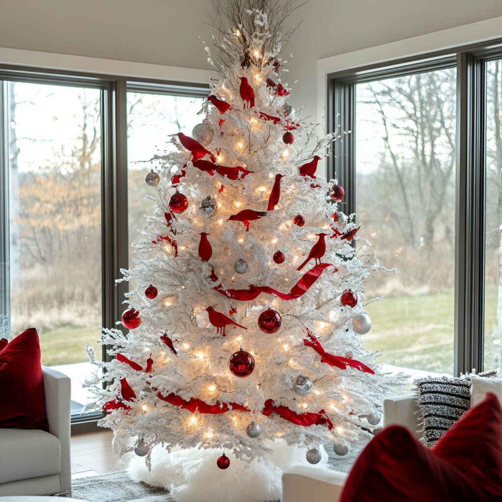 07. White Christmas Tree with Red Metallic Bird Ornaments