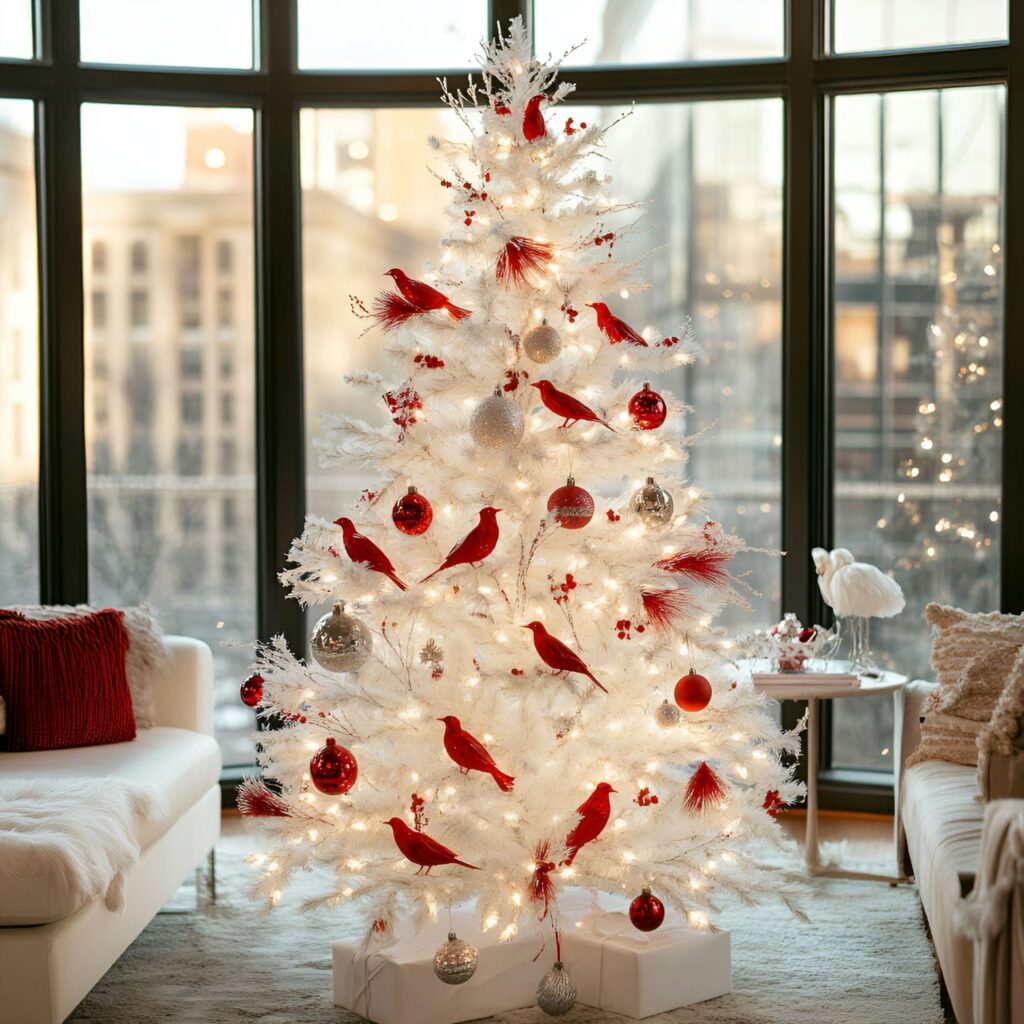 07. White Christmas Tree with Red Metallic Bird Ornaments