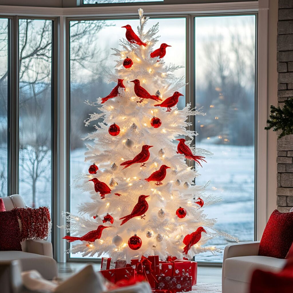 07. White Christmas Tree with Red Metallic Bird Ornaments