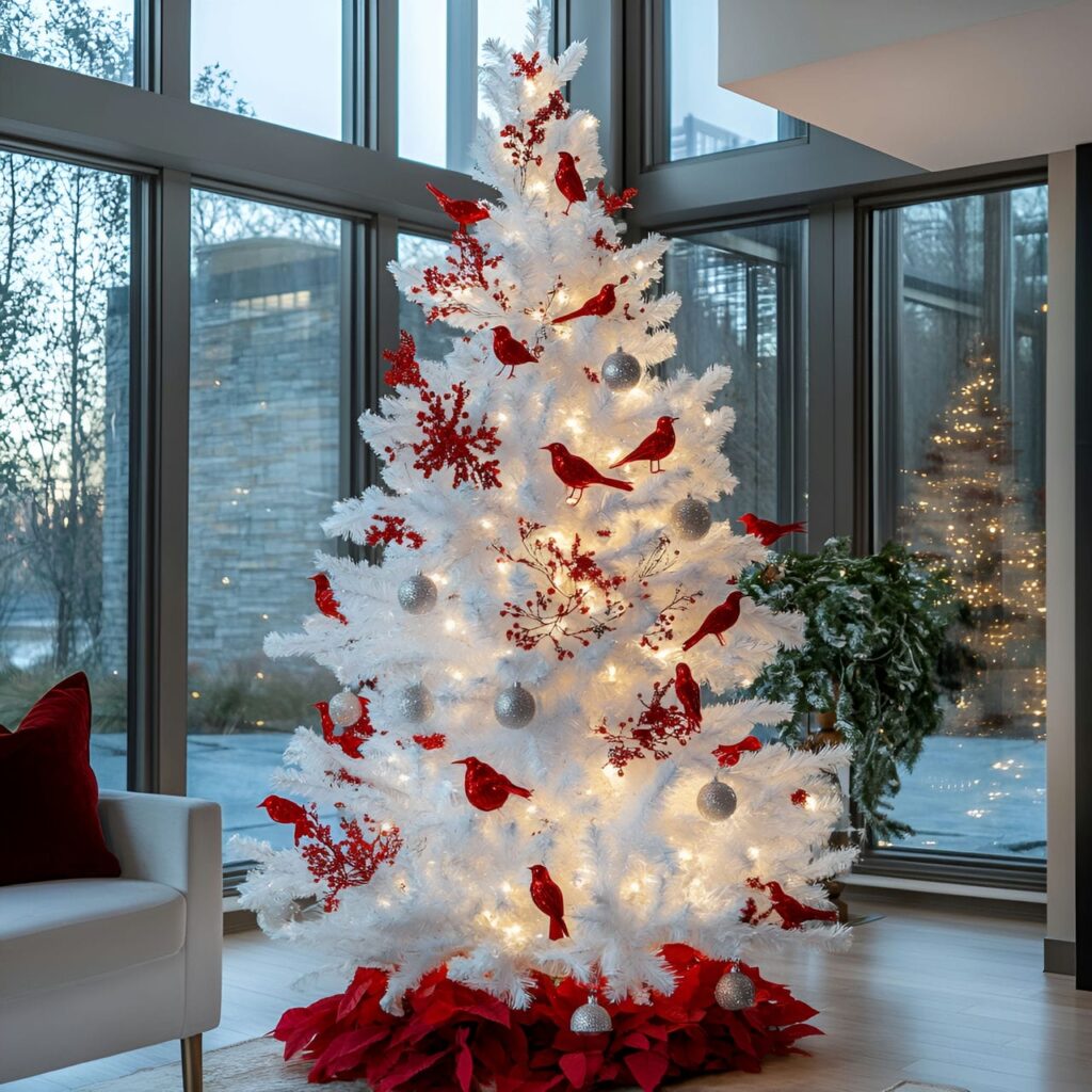 07. White Christmas Tree with Red Metallic Bird Ornaments