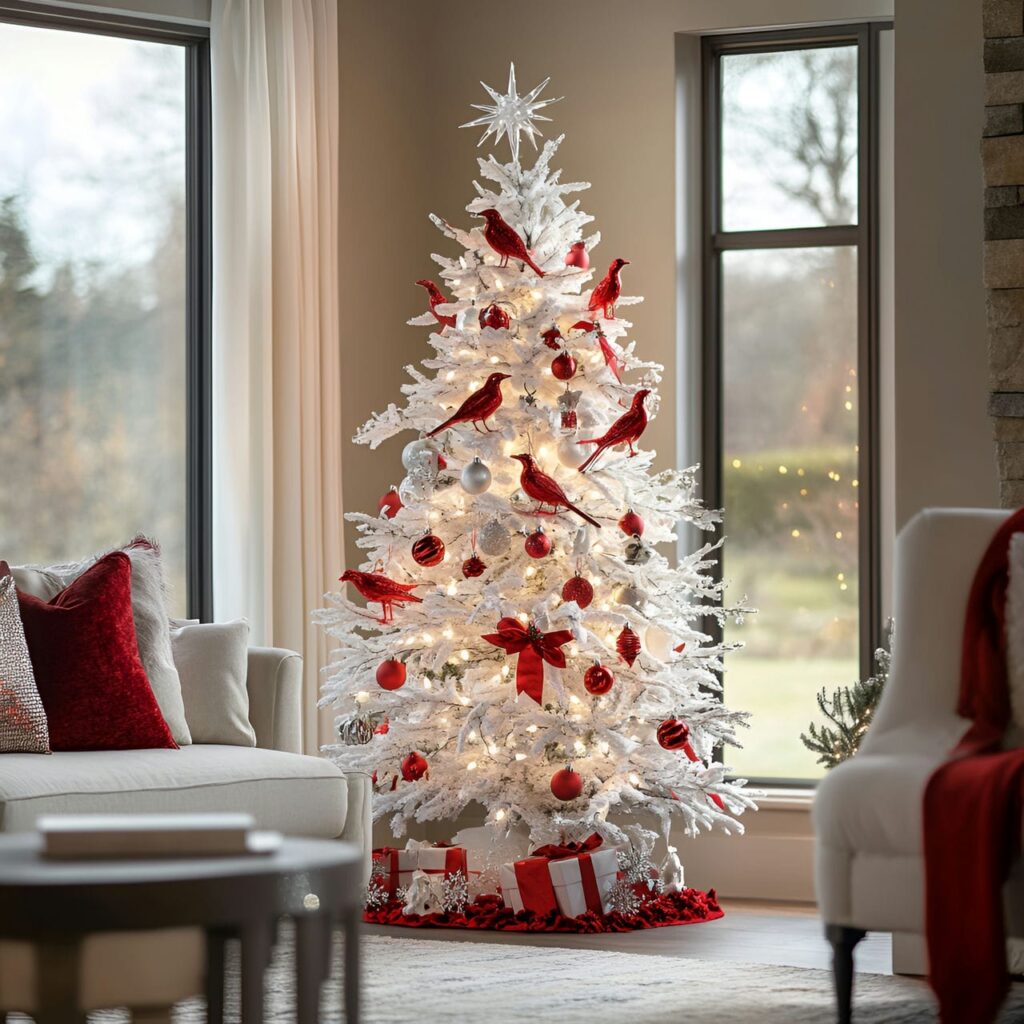 07. White Christmas Tree with Red Metallic Bird Ornaments