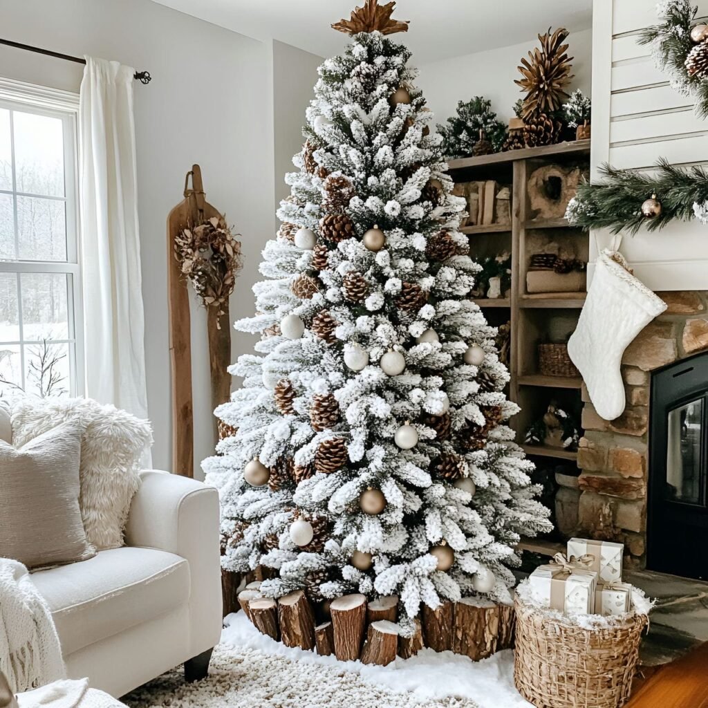 16. Winter Woodland Tree with Frosted Pinecones and Snowy Décor