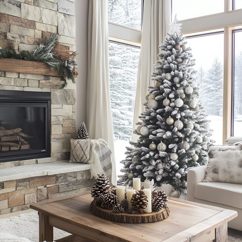 16. Winter Woodland Tree with Frosted Pinecones and Snowy Décor