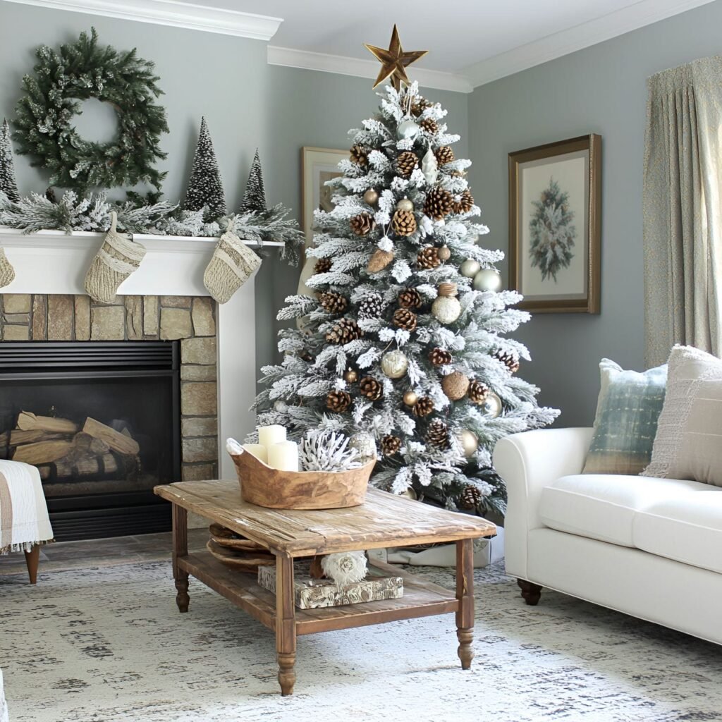 16. Winter Woodland Tree with Frosted Pinecones and Snowy Décor