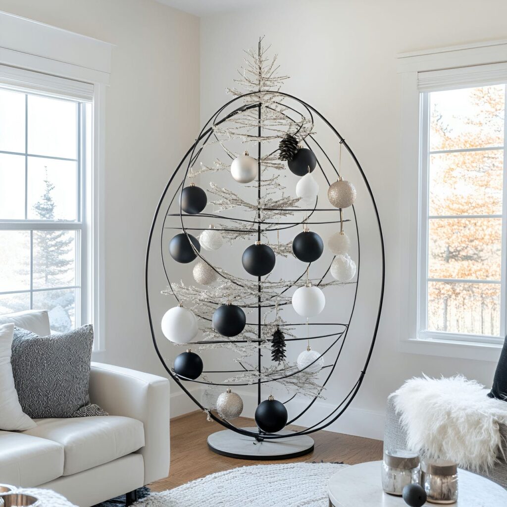 17. Wire Circle Ornament Tree with Black and White Accents