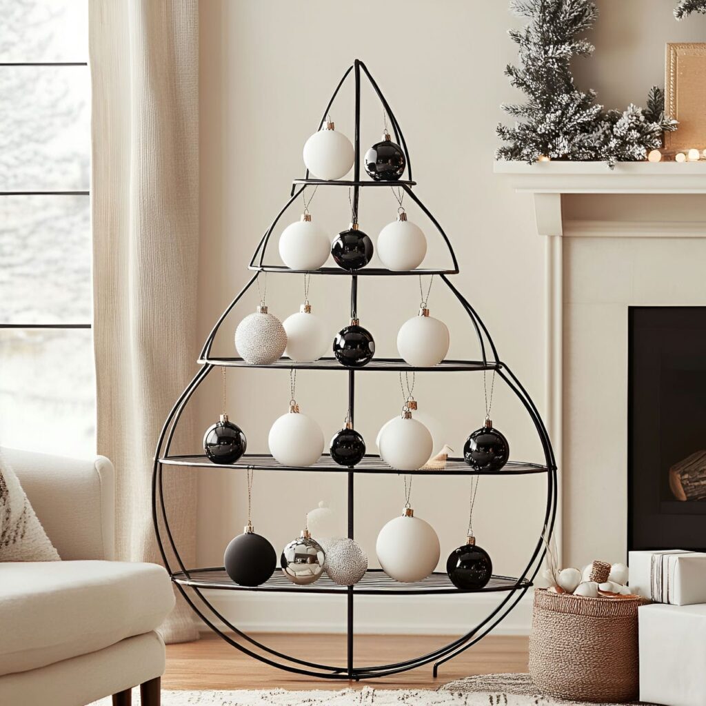 17. Wire Circle Ornament Tree with Black and White Accents