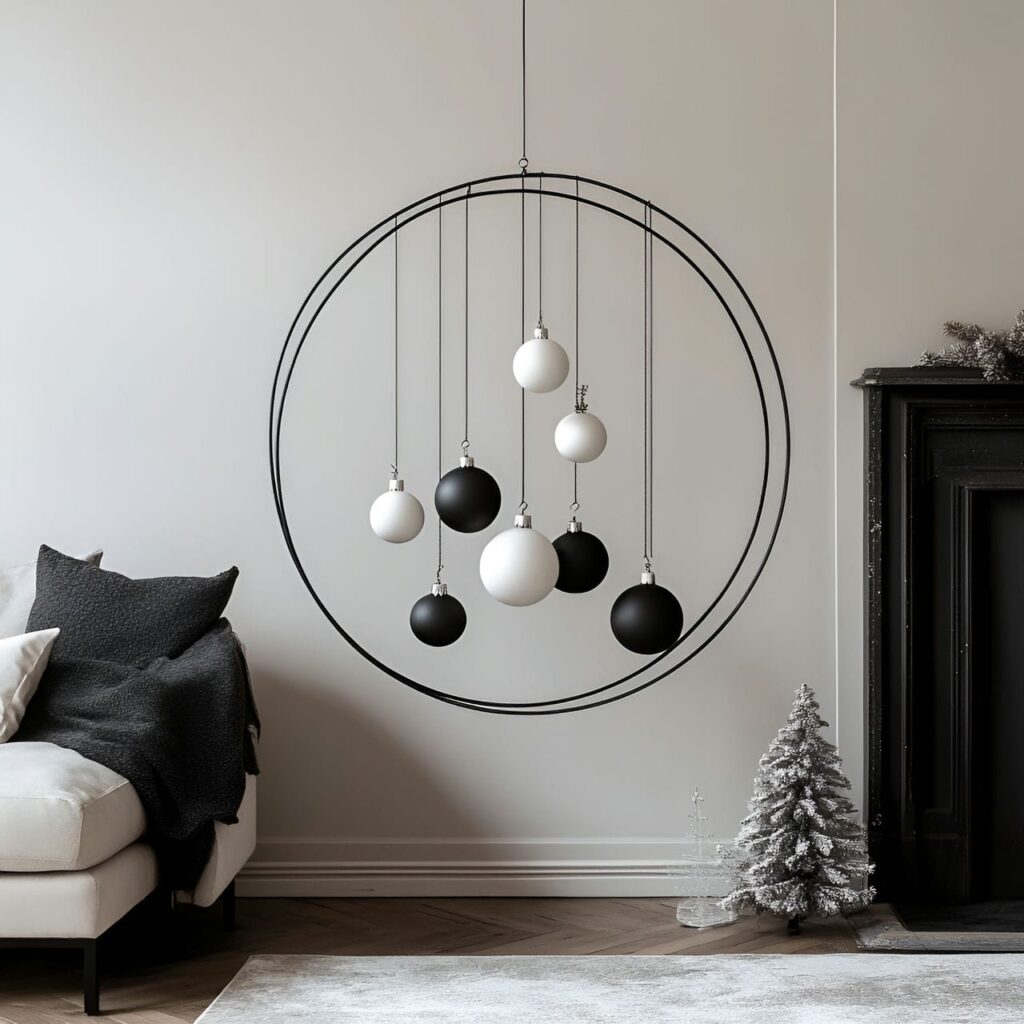 17. Wire Circle Ornament Tree with Black and White Accents