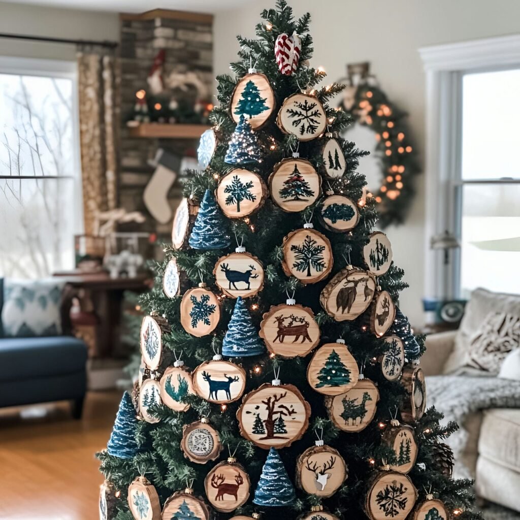 09. Wood Slice Ornament Tree with Painted Holiday Icons