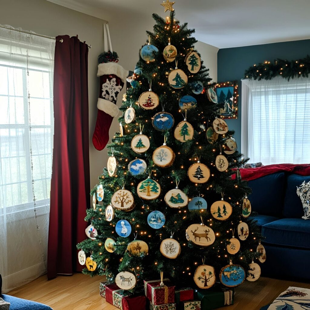 09. Wood Slice Ornament Tree with Painted Holiday Icons