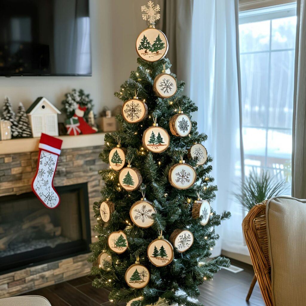 09. Wood Slice Ornament Tree with Painted Holiday Icons