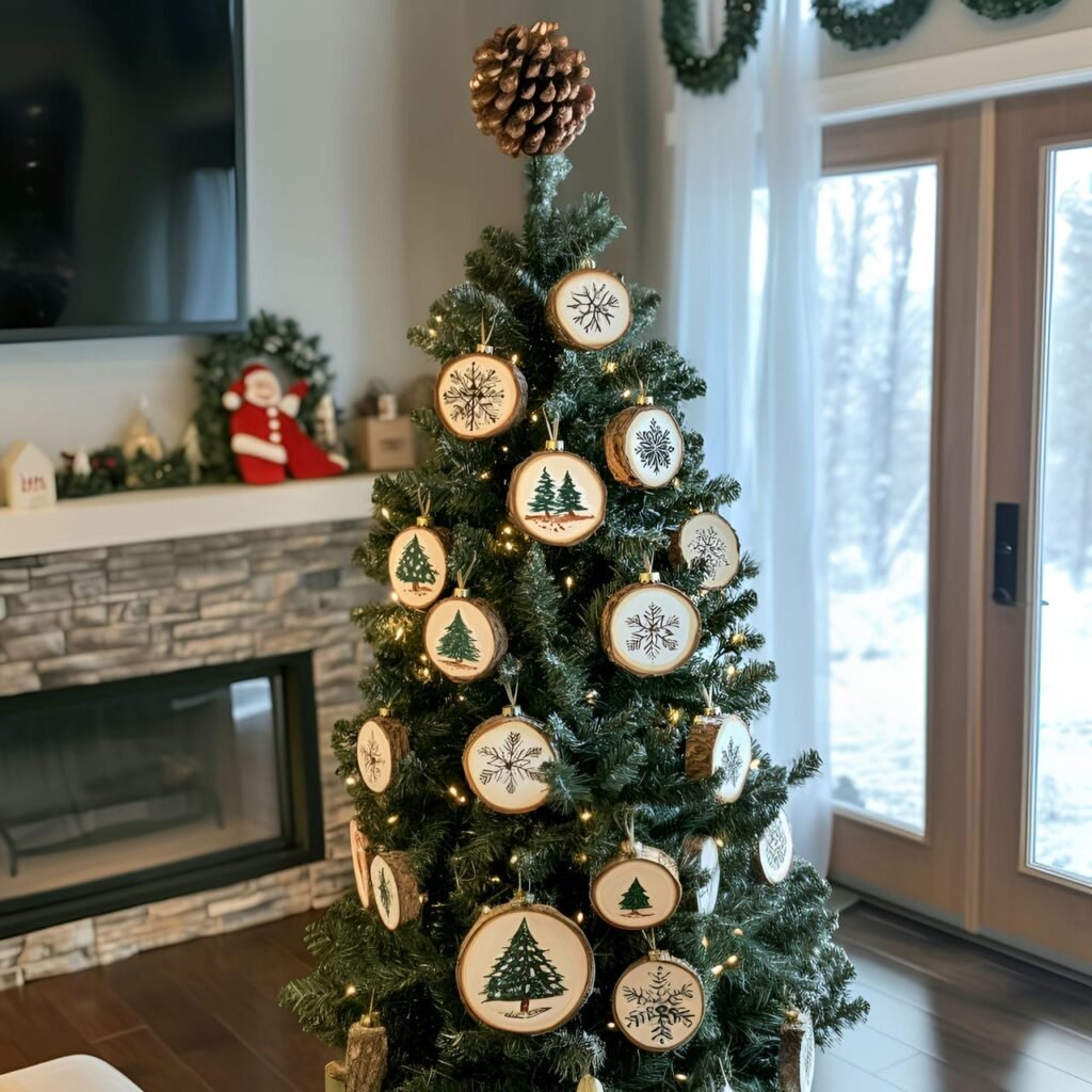 09. Wood Slice Ornament Tree with Painted Holiday Icons