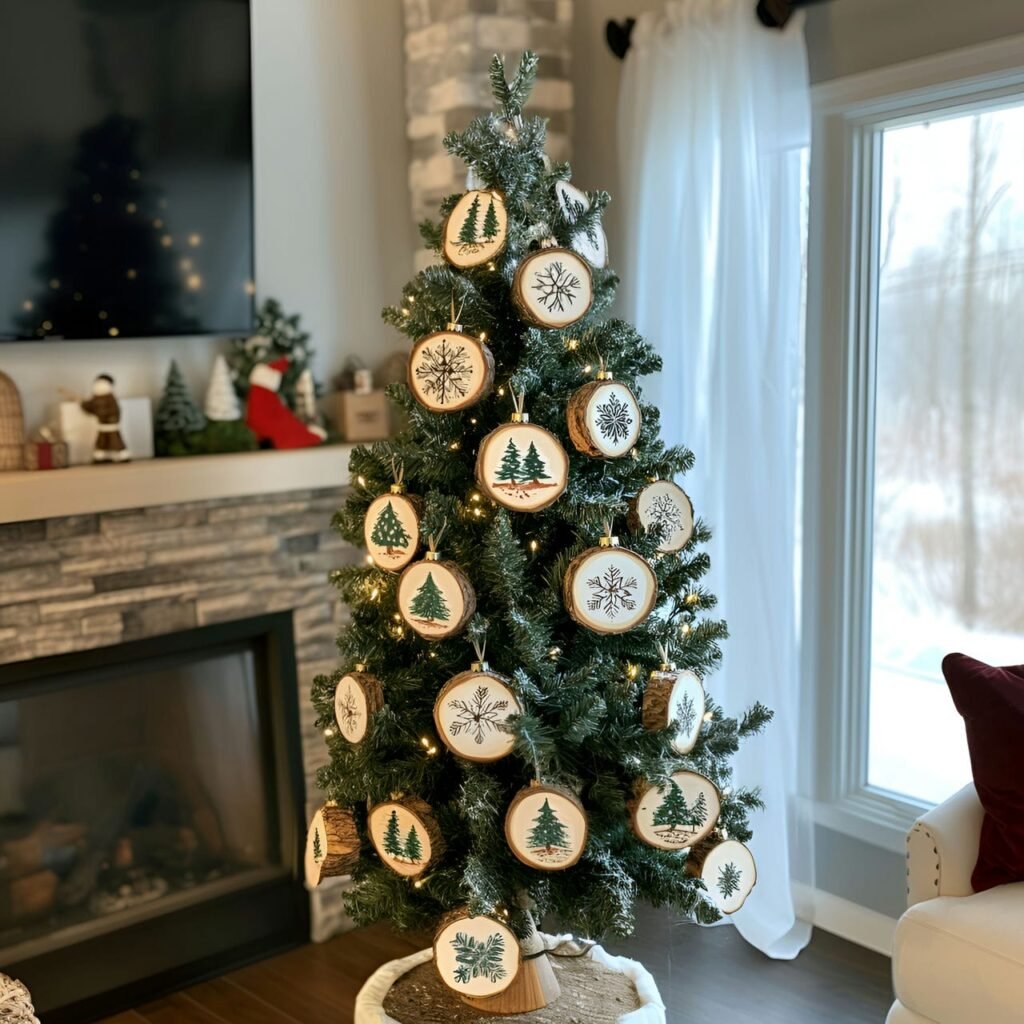 09. Wood Slice Ornament Tree with Painted Holiday Icons