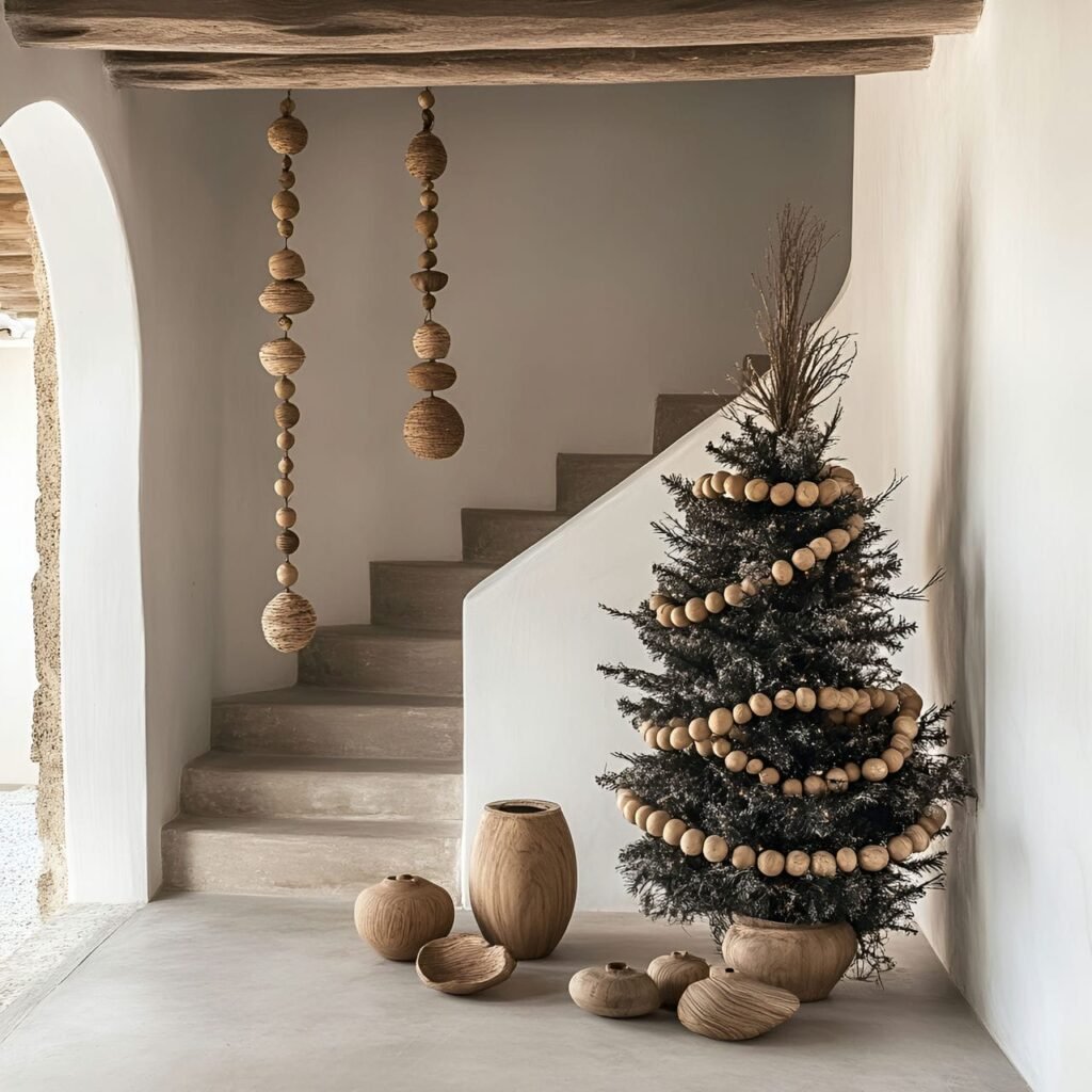 16. Wooden Bead Garland Ornament Tree with Minimalist Beads