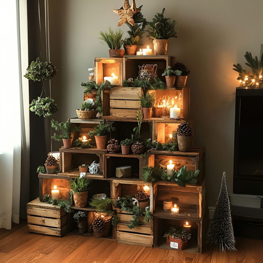 24. Wooden Crate Christmas Tree with Potted Plant Décor