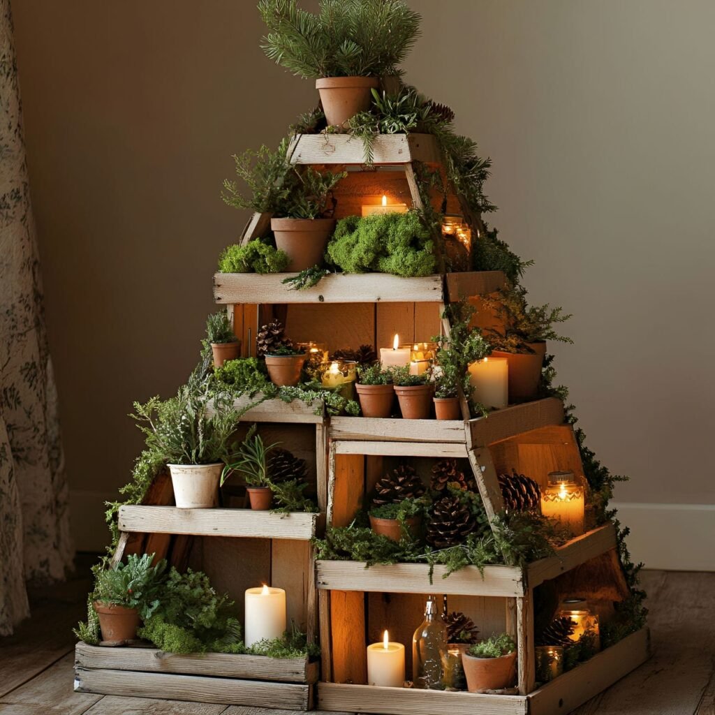 24. Wooden Crate Christmas Tree with Potted Plant Décor