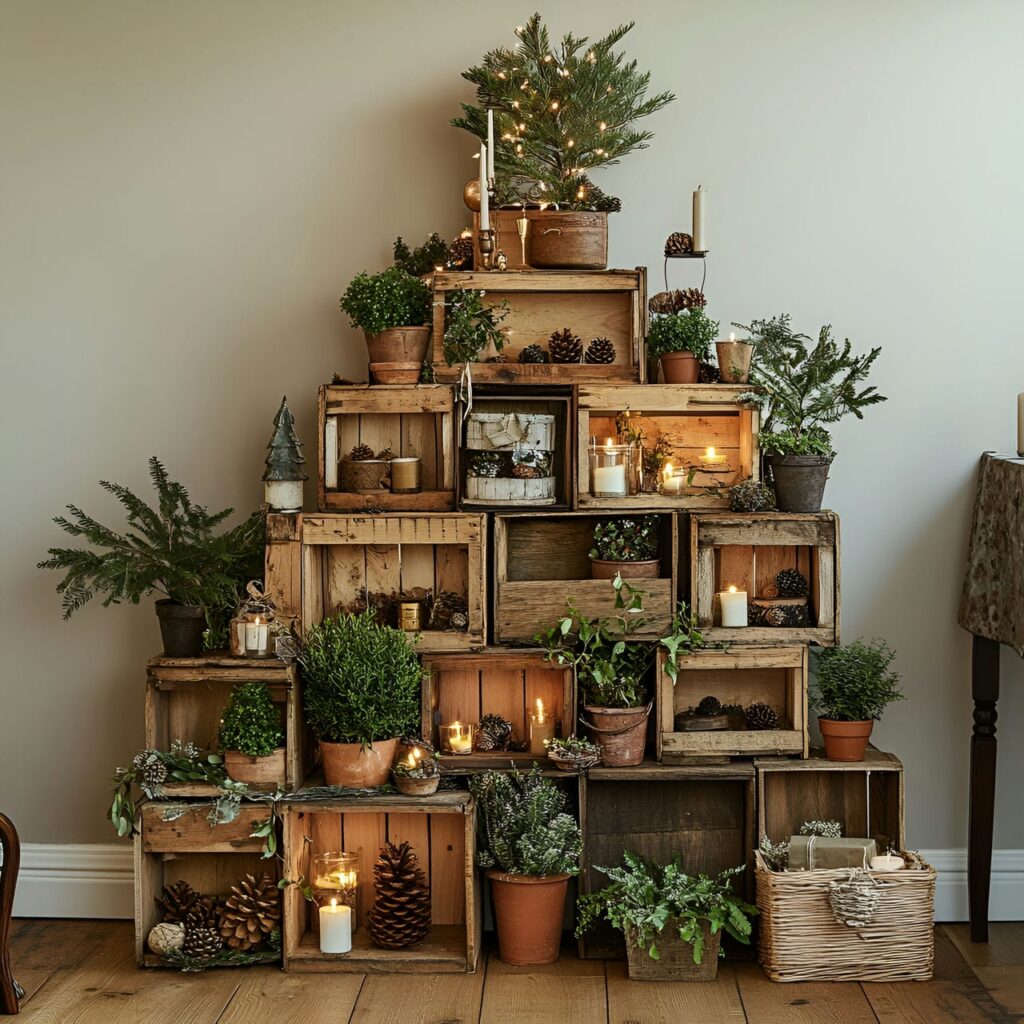 24. Wooden Crate Christmas Tree with Potted Plant Décor