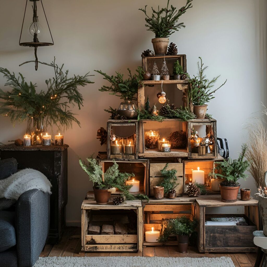 24. Wooden Crate Christmas Tree with Potted Plant Décor