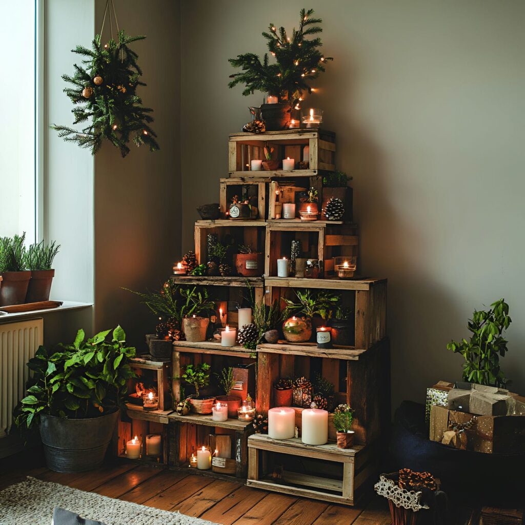 24. Wooden Crate Christmas Tree with Potted Plant Décor