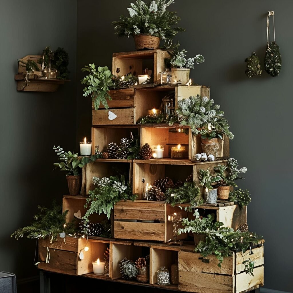 24. Wooden Crate Christmas Tree with Potted Plant Décor