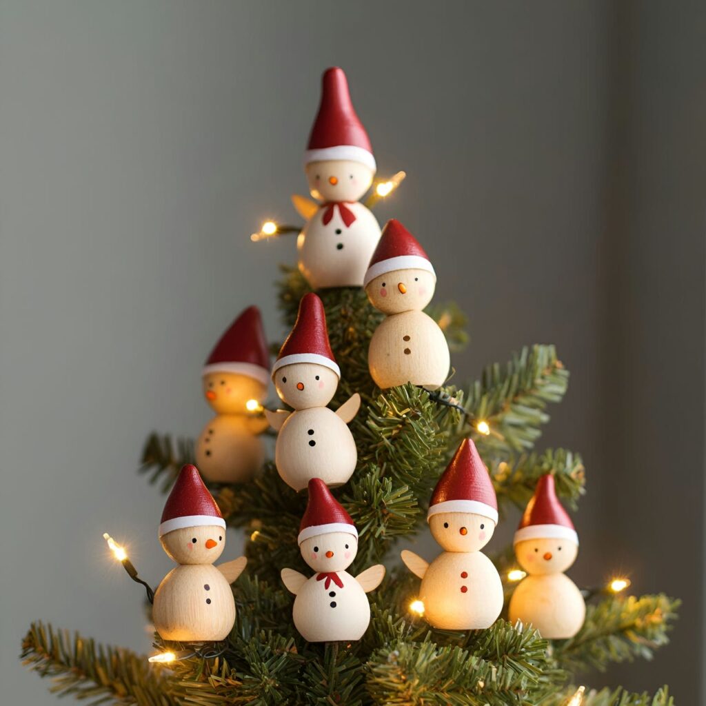 30. Wooden Peg Doll Ornament Tree with Handcrafted Figures