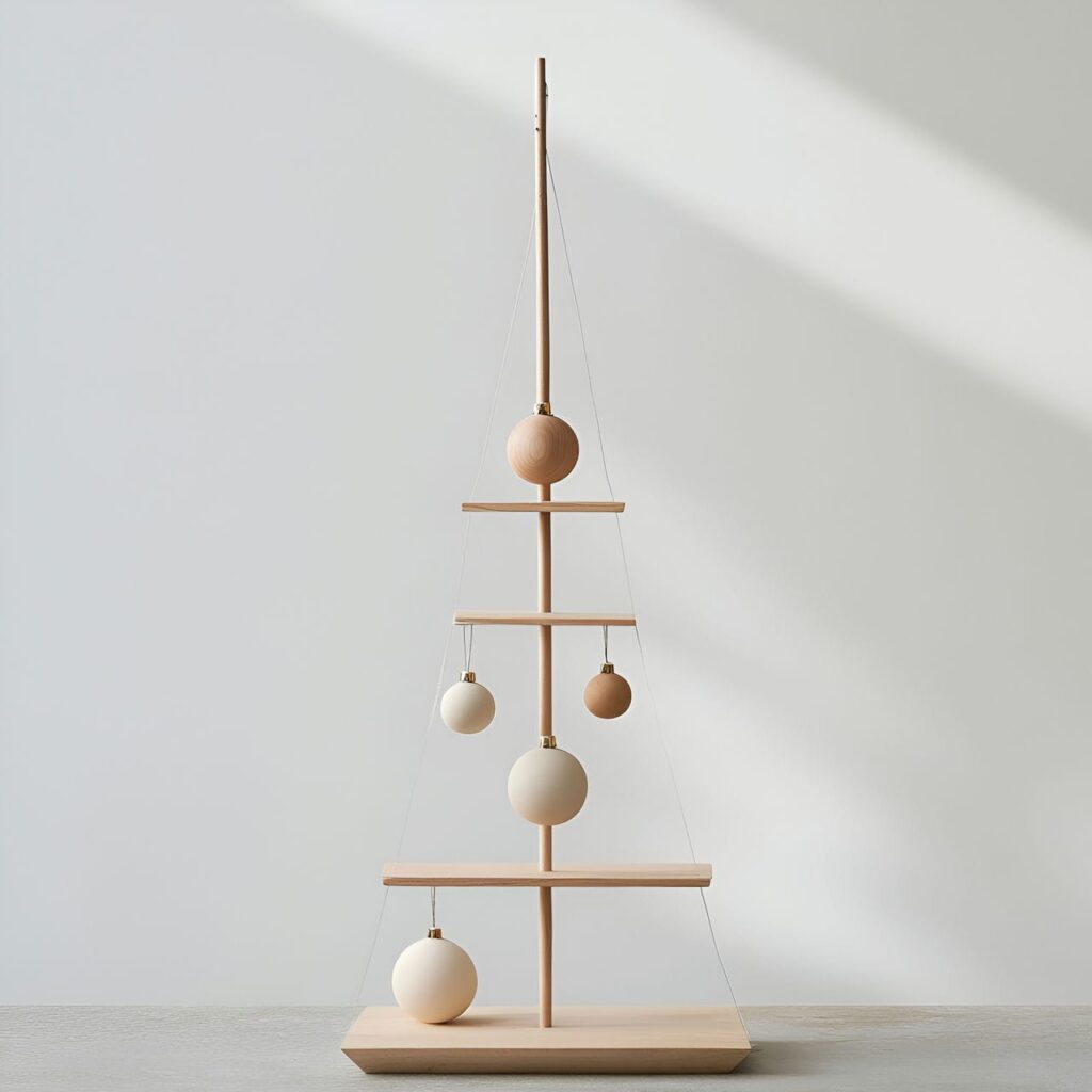 14. Wooden Peg Tree with Simple Neutral Ornaments