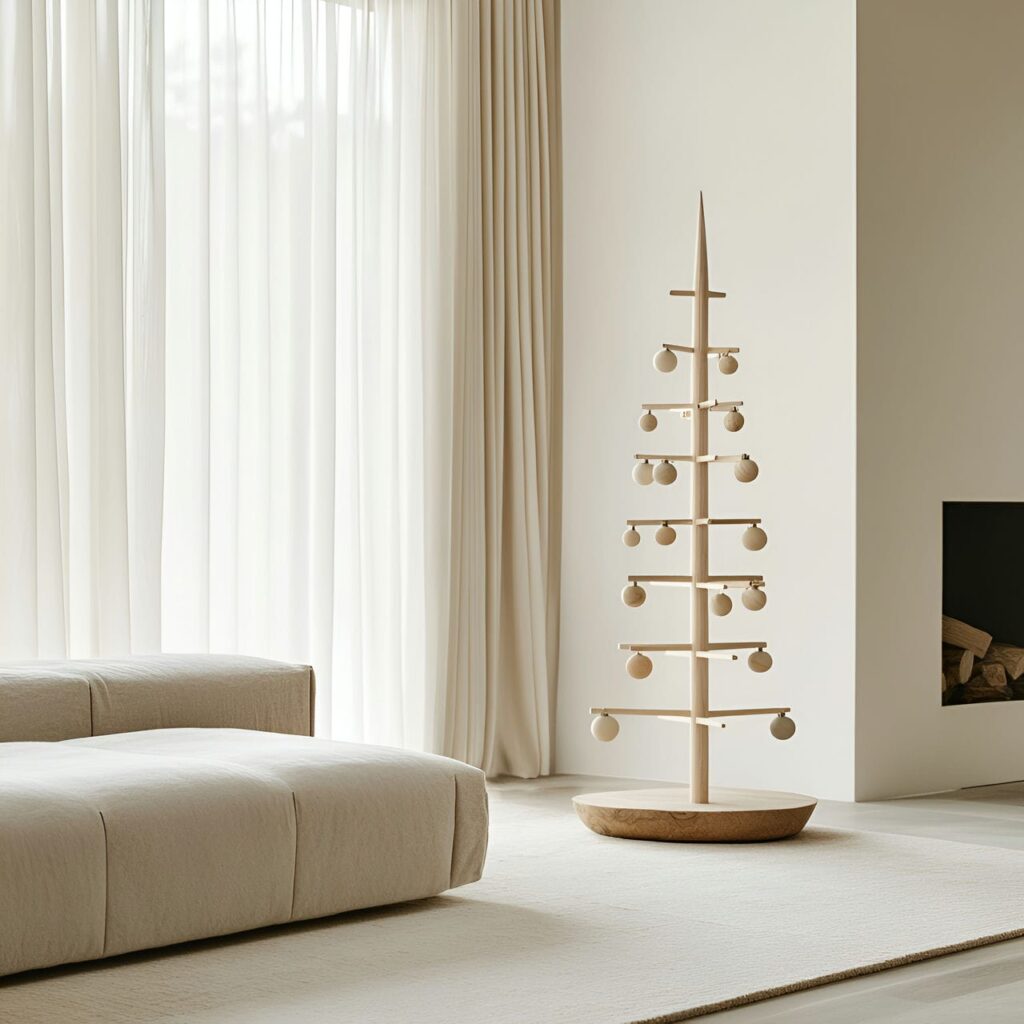 14. Wooden Peg Tree with Simple Neutral Ornaments