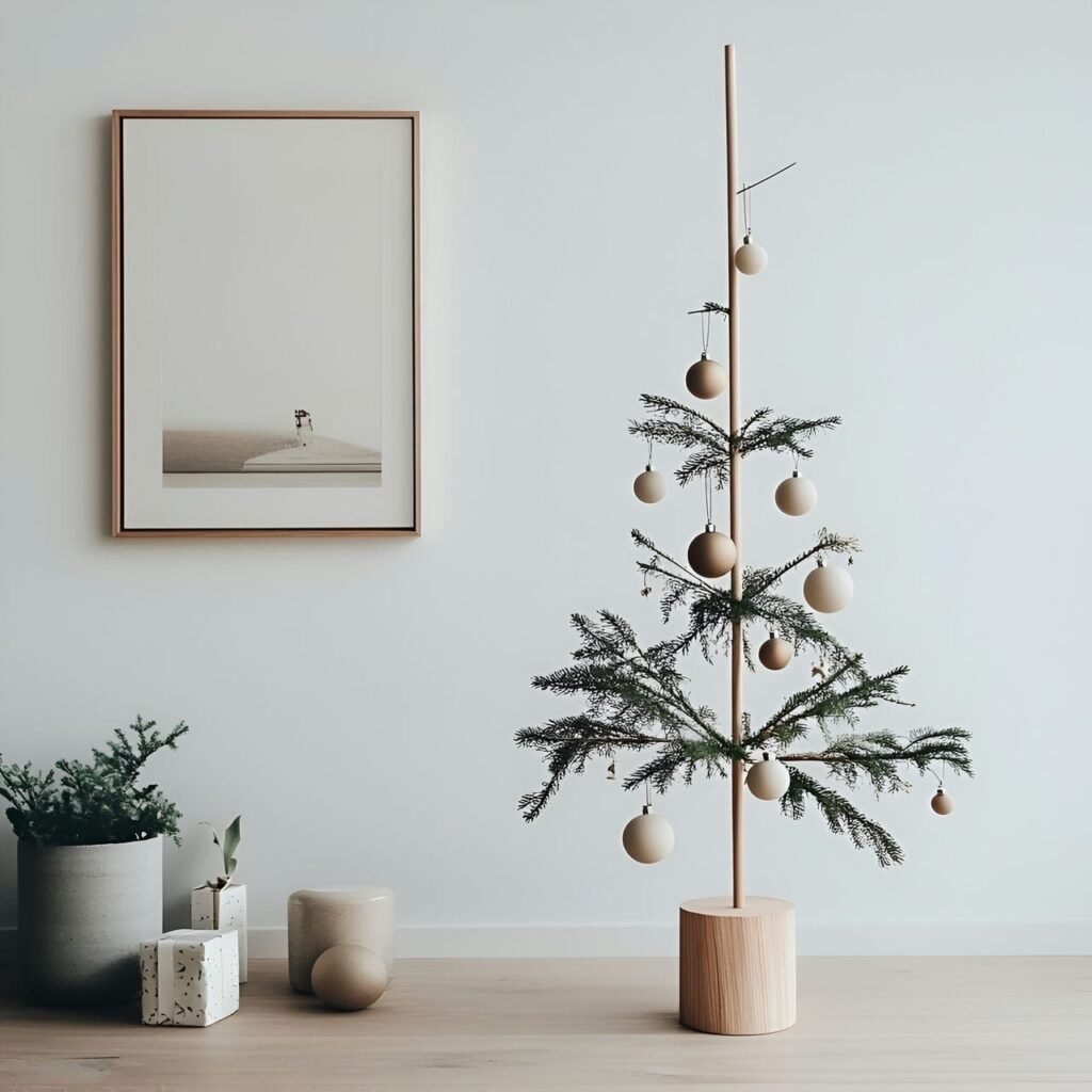 14. Wooden Peg Tree with Simple Neutral Ornaments