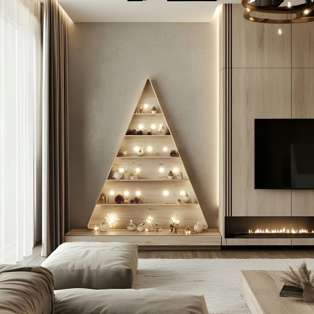 03. Wooden Triangle Tree with Subtle White Lighting