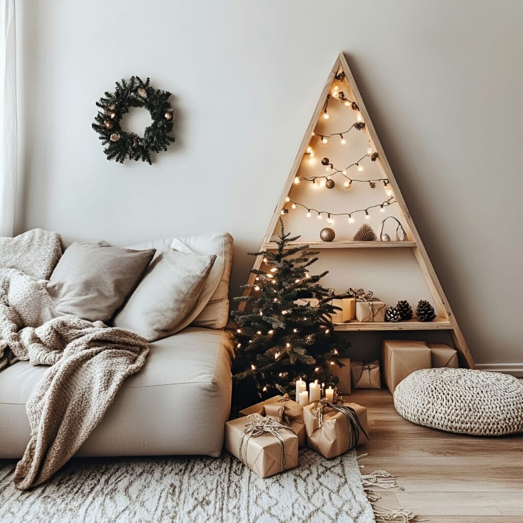 03. Wooden Triangle Tree with Subtle White Lighting