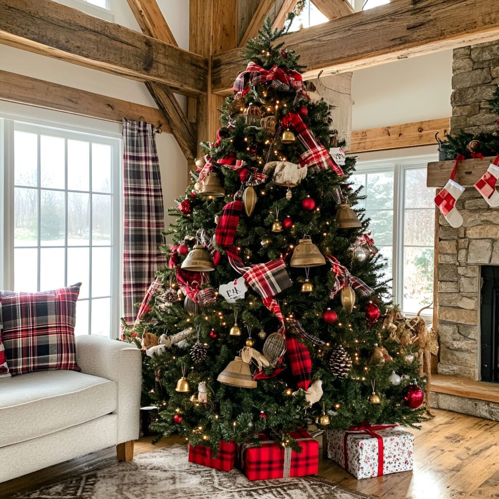 18. Wooden Sleigh Bell Tree with Plaid Ribbons and Horses