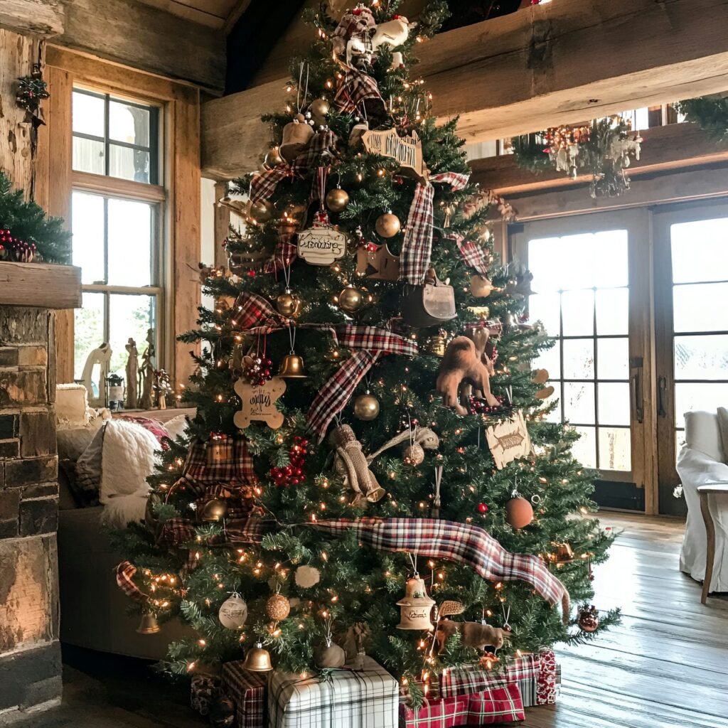 18. Wooden Sleigh Bell Tree with Plaid Ribbons and Horses