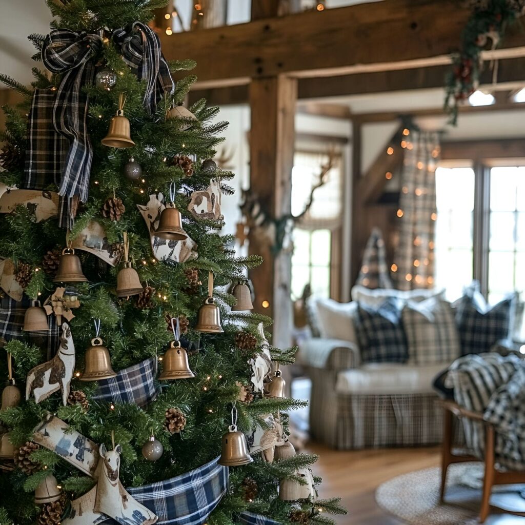 18. Wooden Sleigh Bell Tree with Plaid Ribbons and Horses